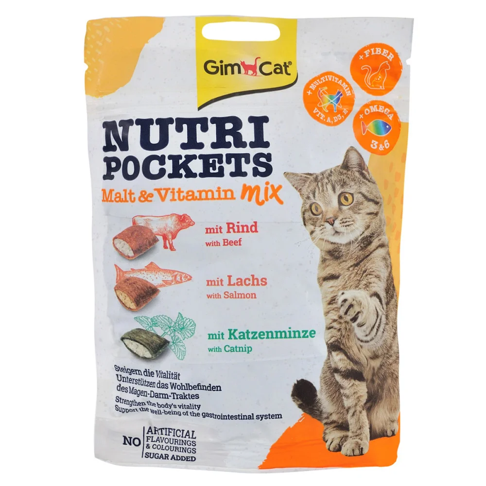 Ласощі для котів Nutri Pockets Malt-Vitamin Mix хрусткі подушечки з котячою мʼятою, яловичиною та лососем - 150 г