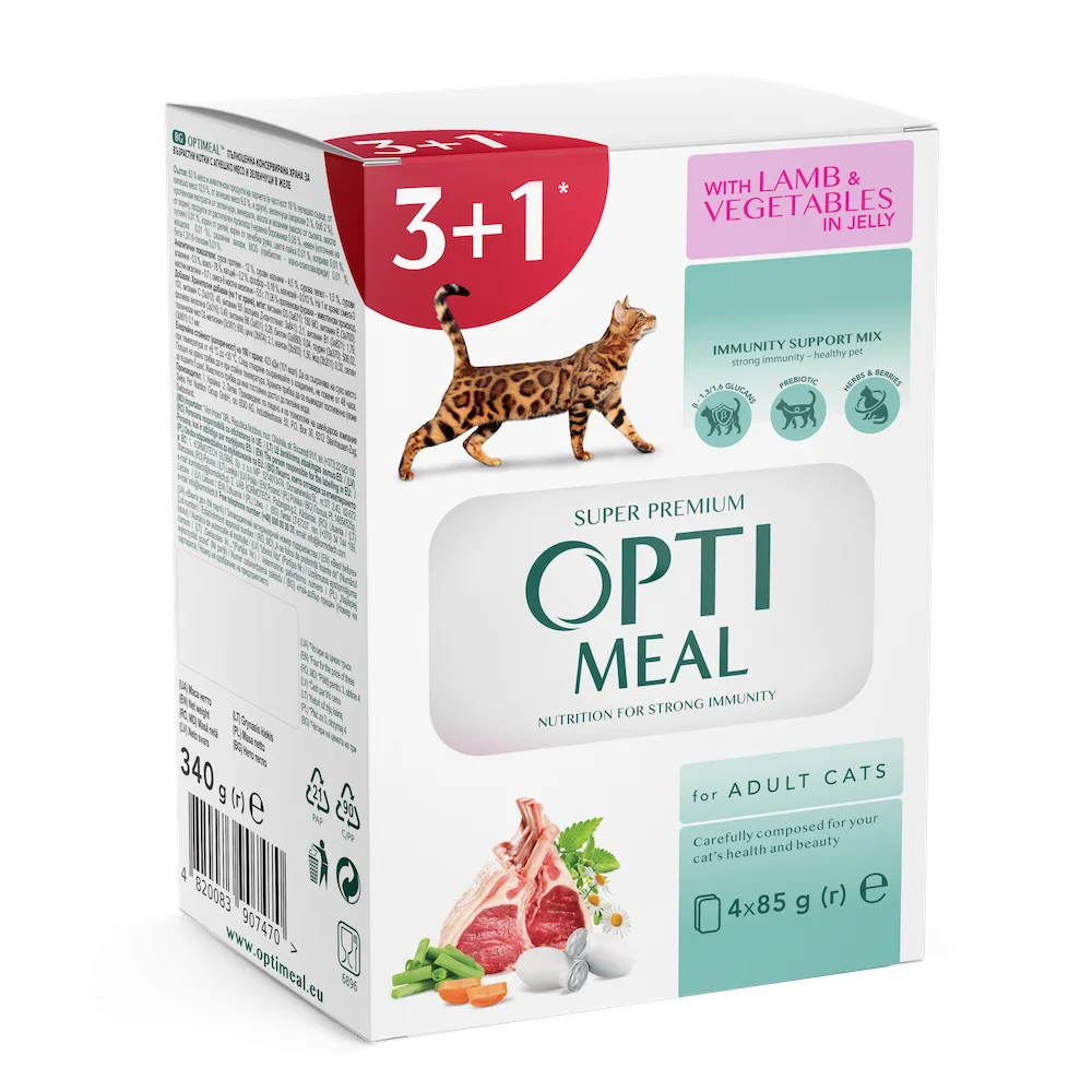Набір вологого корму Optimeal Adult Cats Lamb & Vegetables для дорослих котів із ягнятиною та овочами в желе - 3+1 (340 г)