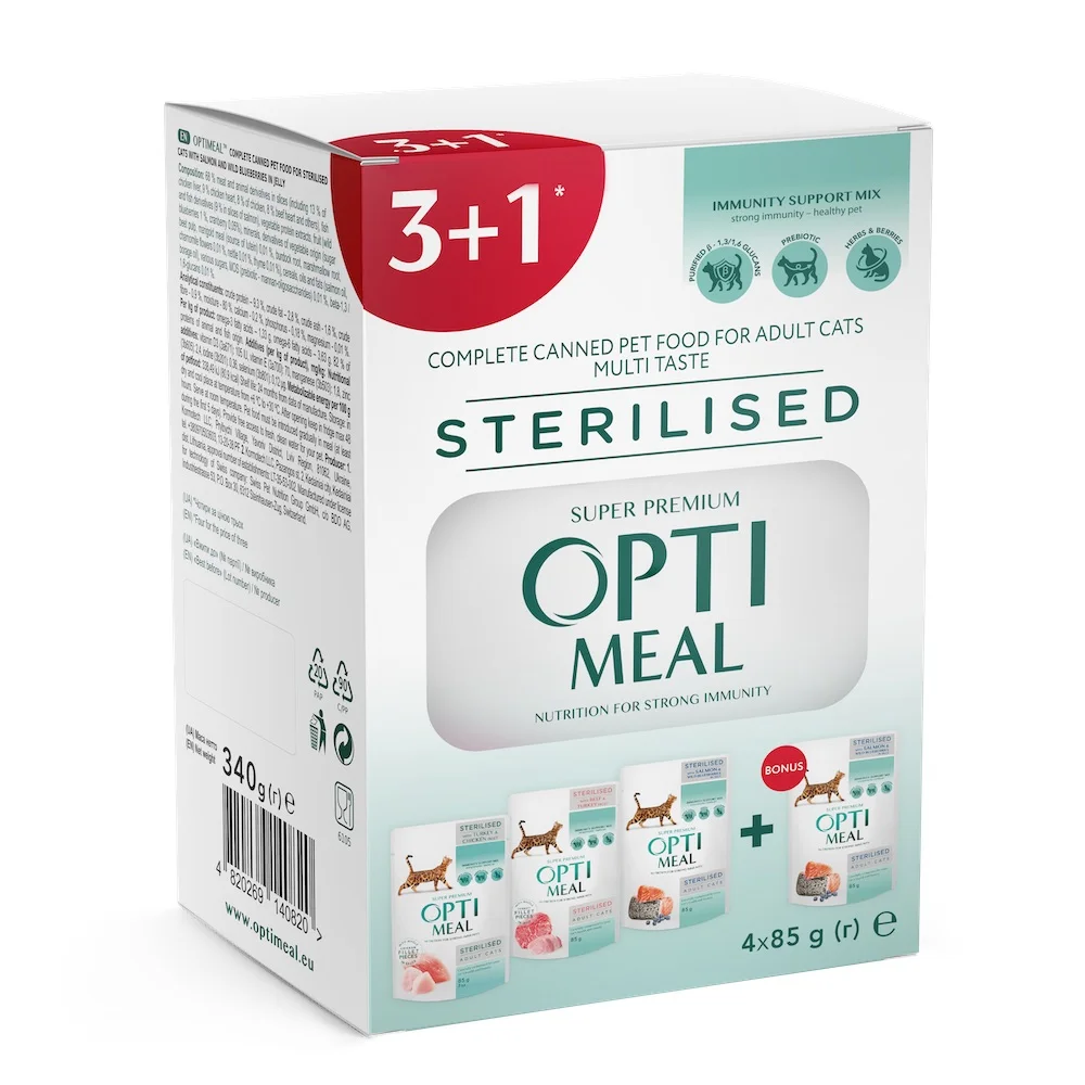 Набір вологого корму Optimeal Adult Cats Sterilised Multi Taste №6 для стерилізованих котів із різними смаками - 3+1 (340 г)