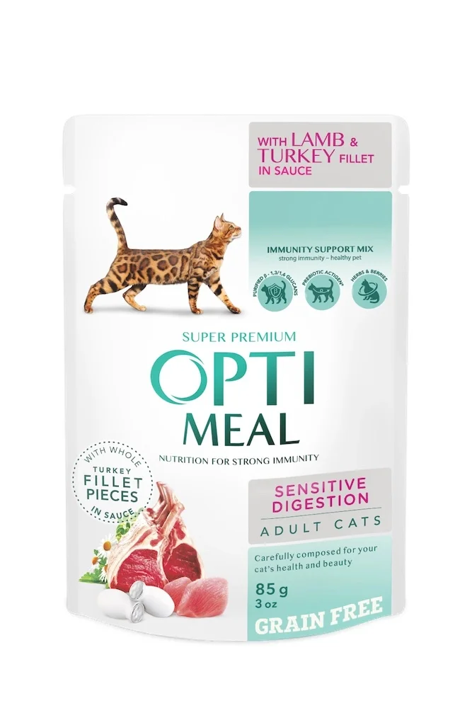 Вологий корм Optimeal Adult Cats Sensitive Digestion для чутливого травлення у дорослих котів з ягням та філе індички в соусі - 85 г