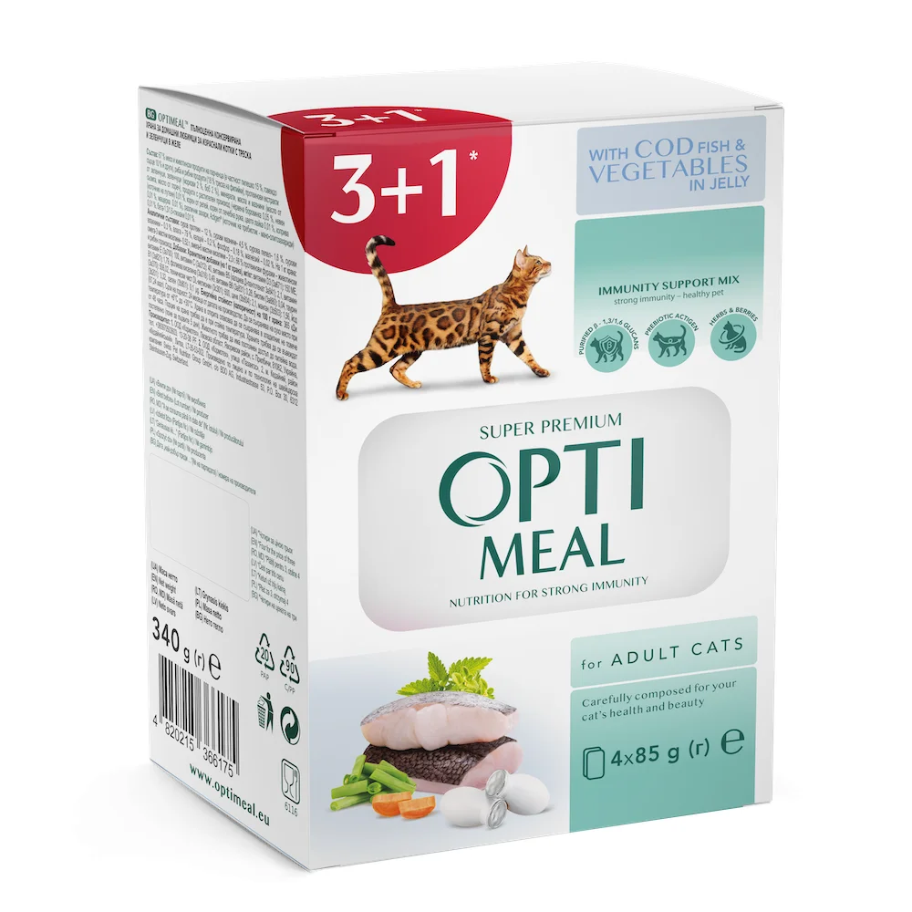 Набір вологого корму Optimeal Adult Cats Cod Fish & Vegetable для дорослих котів із тріскою та овочами в желе - 3+1 (340 г)