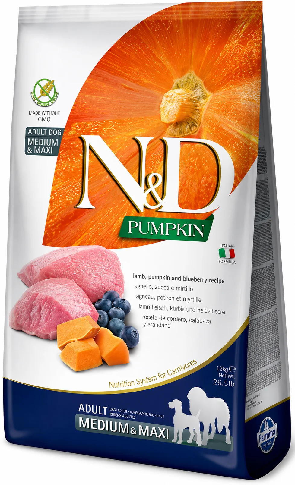 Сухий корм Farmina N&D Grain Free Lamb & Blueberry Adult Medium & Maxi  для собак середніх і великих порід з ягням, чорницею та гарбузом - 12 кг