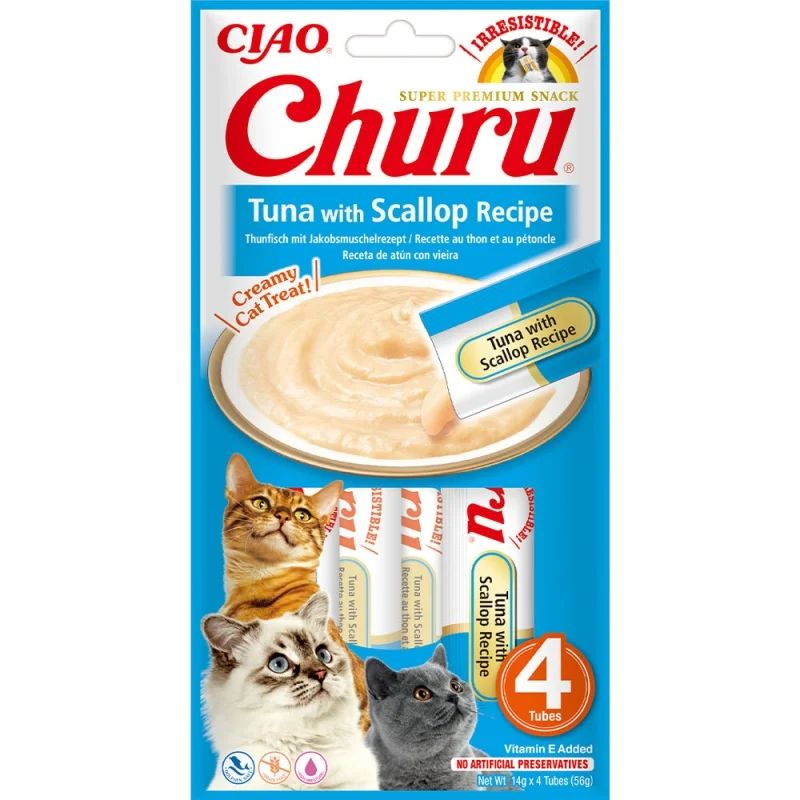 Кремові ласощі для котів INABA Churu - вершковий мус з тунцем та морським гребінцем - 1 шт