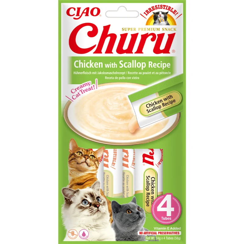 Кремові ласощі для котів INABA Churu - вершковий мус з куркою та морським гребінцем - 1 шт