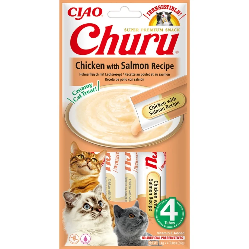 Кремові ласощі для котів INABA Churu - вершковий мус з куркою та лососем - 1 шт