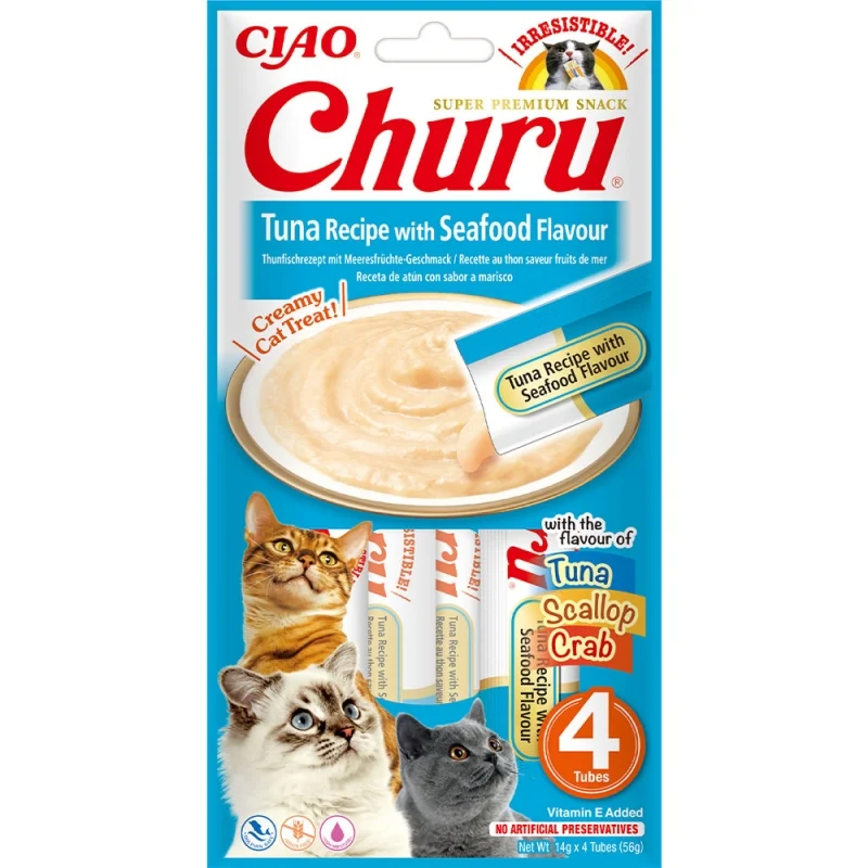 Кремові ласощі для котів INABA Churu - вершковий мус з тунцем та морепродуктами - 1 шт