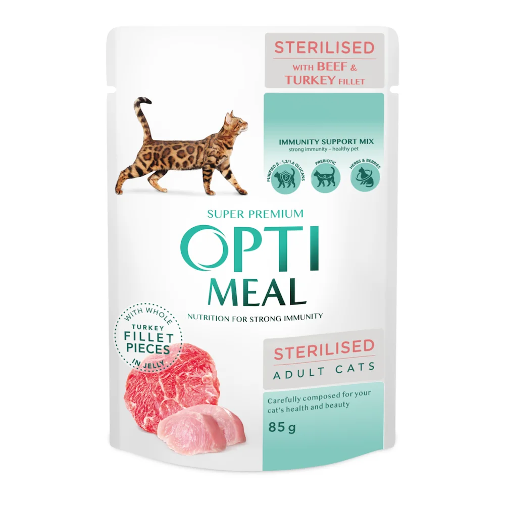 Вологий корм Optimeal Adult Cats Sterelised для стерилізованих котів із яловичиною та індичим філе в желе - 85 г