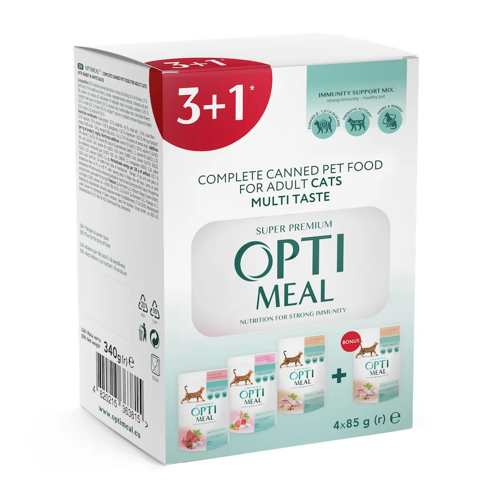Набір вологого корму Optimeal Adult Cats Multi Taste №3 для дорослих котів із різними смаками - 3+1 (340 г)