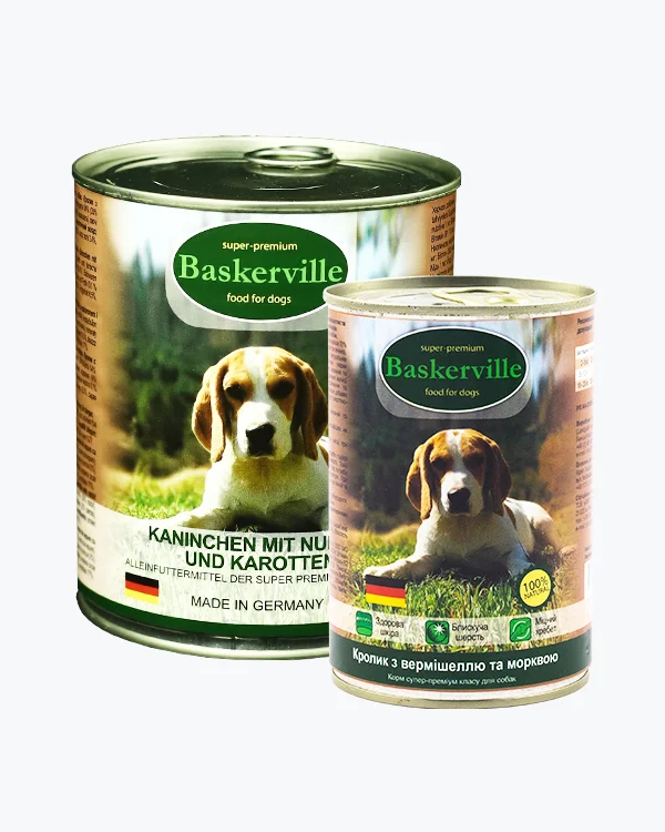 Консервований корм Baskerville для дорослих собак з кроликом, вермішеллю та морковою - 400 г