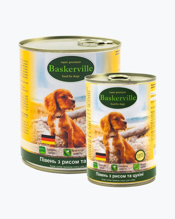 Консервований корм Baskerville для дорослих собак з півнем, рисом та кабачками - 400 г