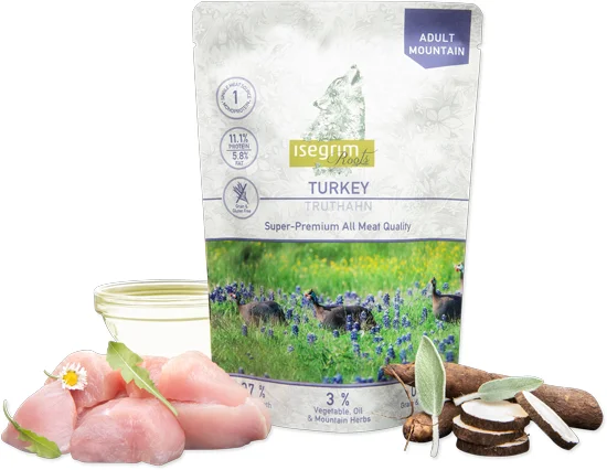 Консервований корм Isegrim Pouch Roots Turkey Monoprotein для дорослих собак усіх порід з індичкою, козельцями, соняшниковою олією та гірськими травами - 410 г