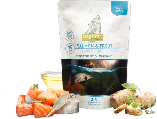 Консервований корм Isegrim Pouch Roots Salmon & Trout для дорослих собак усіх порід із лососем, фореллю, топінамбуром, сафлоровою олією та річковими травами - 410 г