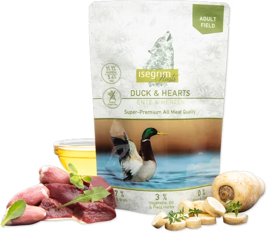 Консервований корм Isegrim Pouch Roots Duck & Hearts для дорослих собак усіх порід із качкою, сердечками, овочами, лляною олією та польовими травами - 410 г
