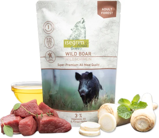 Консервований корм Isegrim Pouch Wild Boar Monoprotein для дорослих собак усіх порід із кабаном, пастернаком, лляною олією та лісовими травами - 410 г