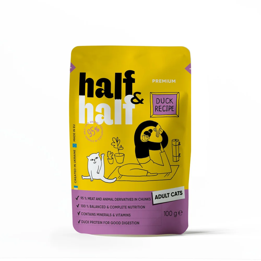 Вологий корм Half&Half для дорослих котів - шматочки з качкою у соусі