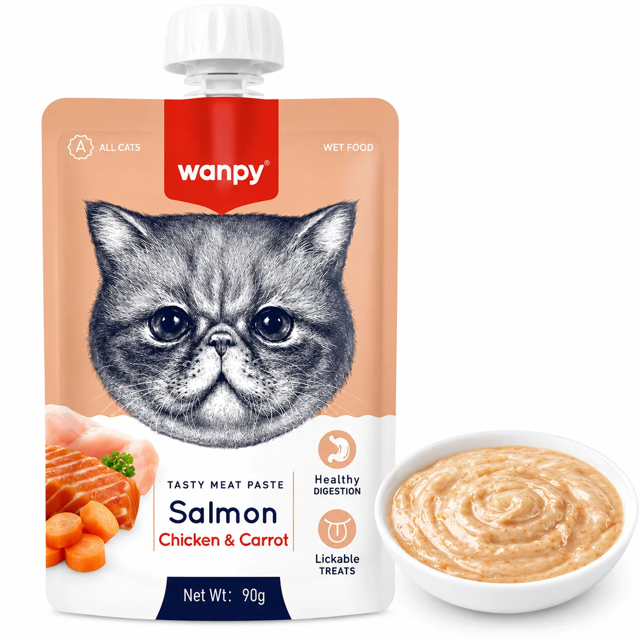 Крем-пюре Wanpy Salmon, Chicken & Carrot для котів із лососем, куркою та морквою - 90 г