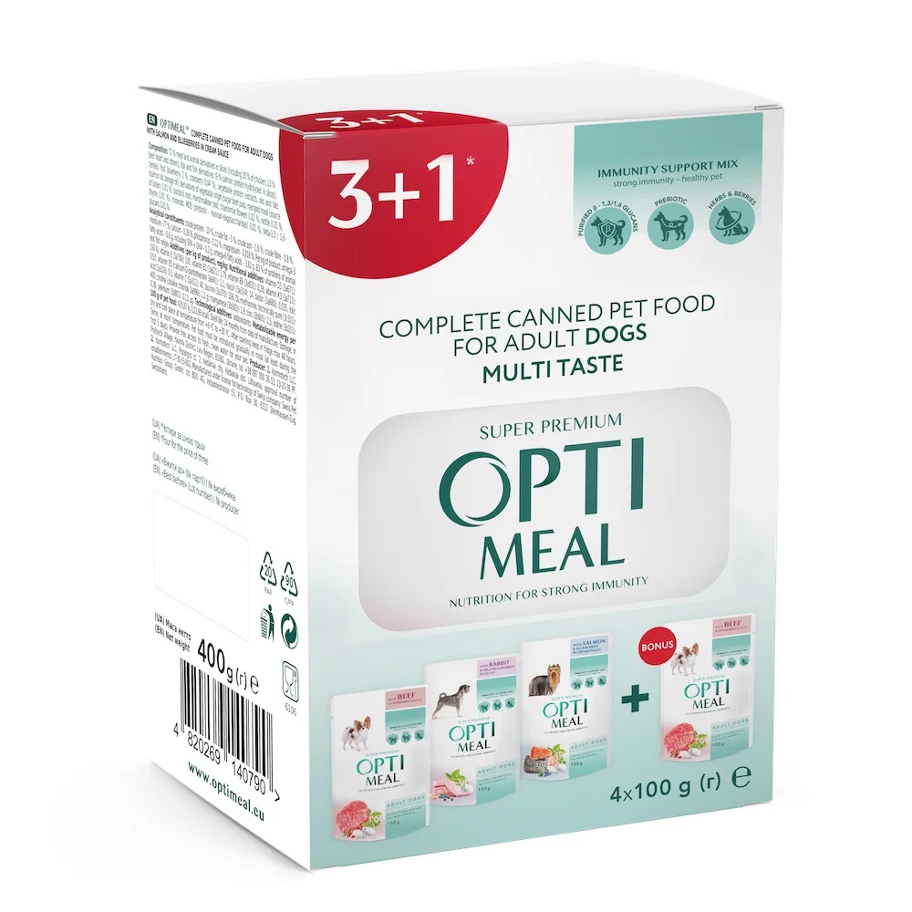 Набір вологого корму Optimeal Adult Multi Taste для дорослих собак із різними смаками - 3+1 (400 г)