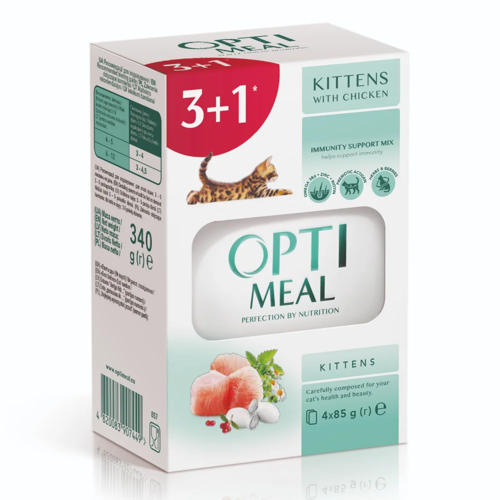 Набір вологого корму Optimeal Kitten Chicken для кошенят із куркою в соусі - 3+1 (340 г)