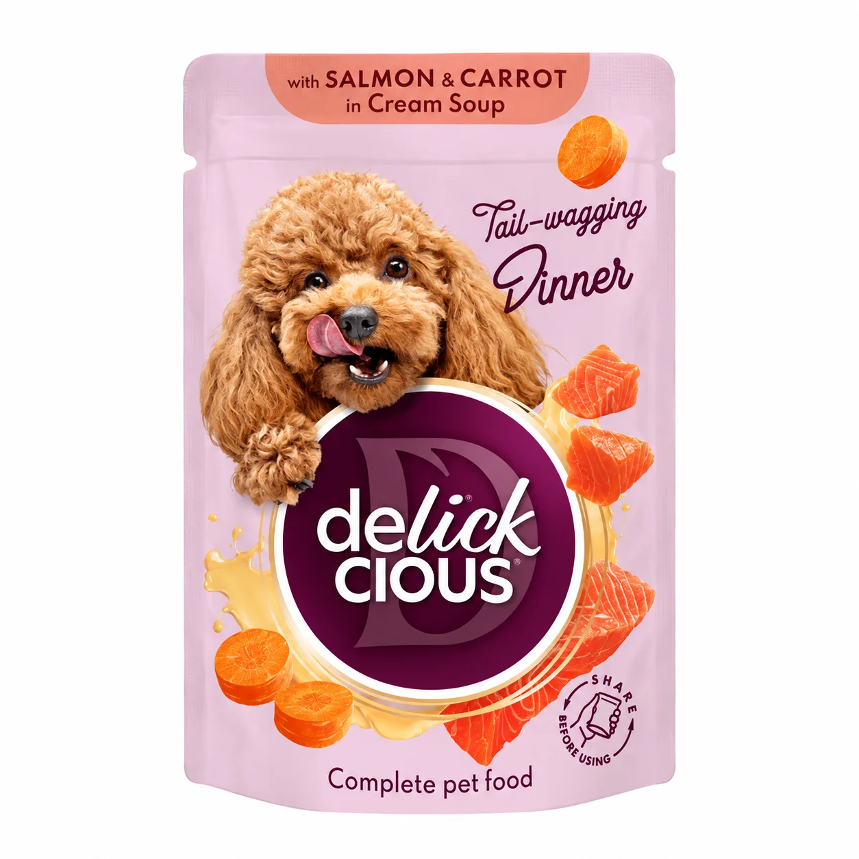 Вологий корм Delickcious для дорослих собак - смужки з лососем та морковою в крем-супі - 85 г